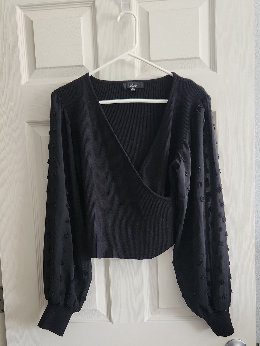 Lulu's Black V-Neck Pom-Pom Balloon Sleeve Sweater